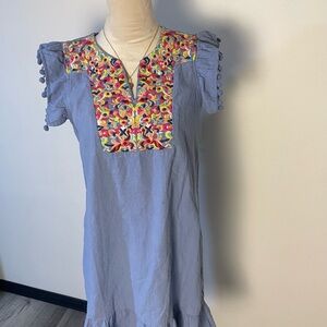 Blue Kids Dress with Colorful Embroidery